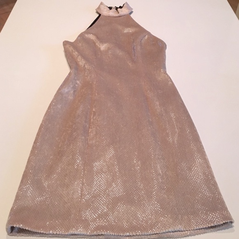 NWT-fully lined, gold halter party dress. Size 4.